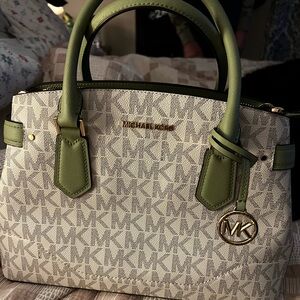 Michael Kors Signature Large Satchel in cream/green coated canvas and leather.
